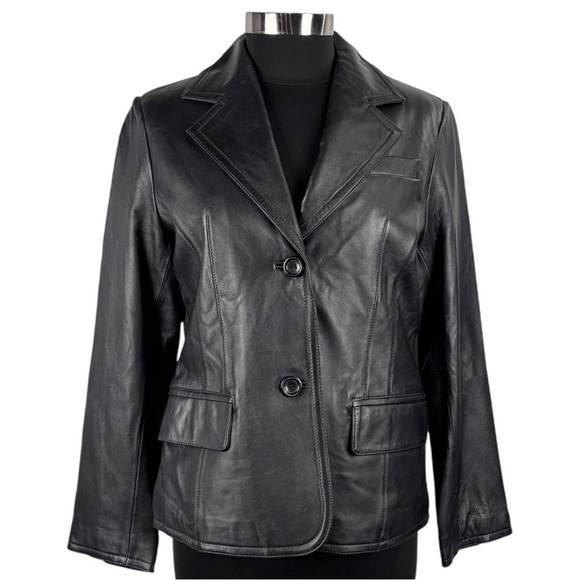 VINTAGE 90S RELATIVITY BLACK LEATHER NOTCHED COLLAR BUTTON DOWN BLAZER JACKET - Picture 4 of 14